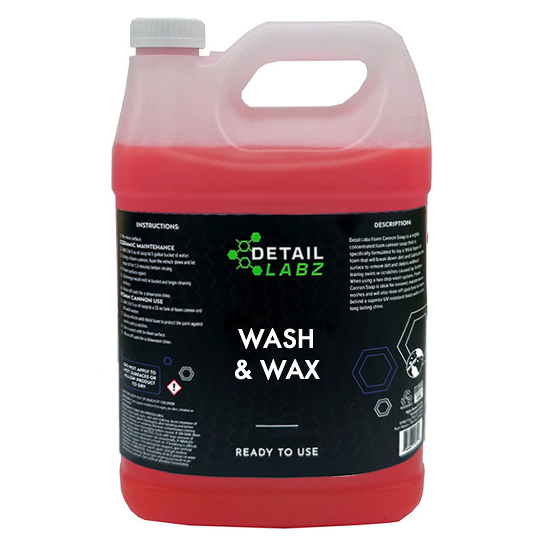 Detail Labz Wash & Wax is a highly concentrated car shampoo blended with rich carnauba wax. Specially formulated to break down dirt and lubricate the surface to gently remove dirt and debris without leaving any swirls or scratches caused by friction. Wash & Wax will also leave behind a superior UV and weather resistant finish with a rich, long lasting shine.