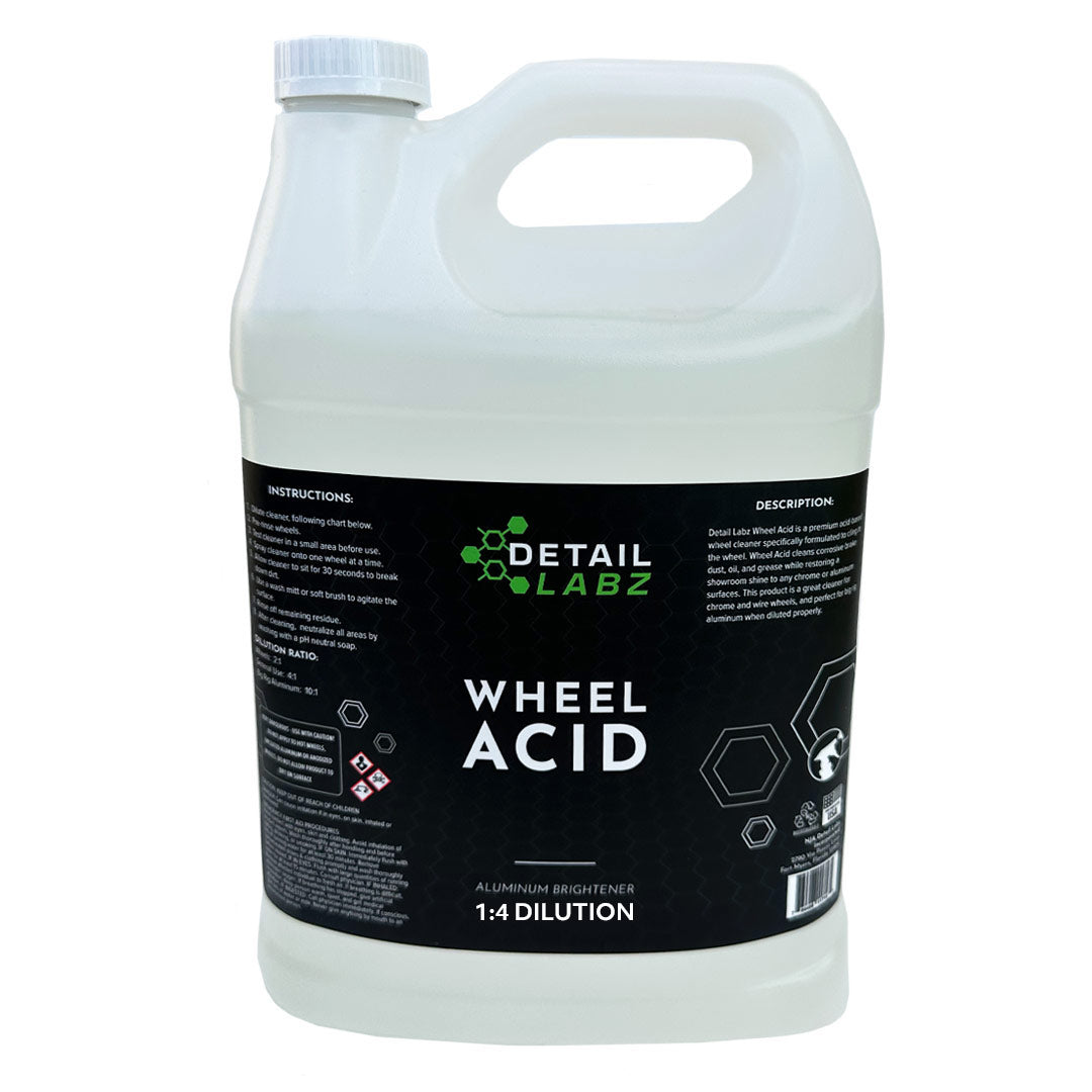 Detail Labz Wheel Acid is a premium acid-based wheel cleaner specifically formulated to cling to the wheel, cleans corrosive brake dust, oil, and grease while restoring a showroom shine to any chrome or aluminum surfaces. Clear Acid is a great cleaner for chrome and wire wheels, and perfect for big rig aluminum when diluted properly.