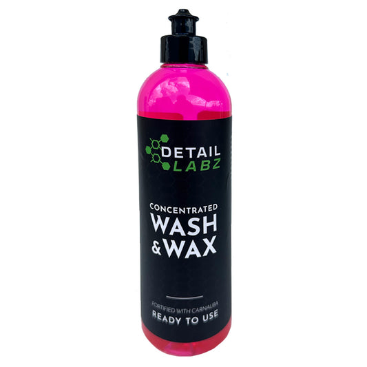 Detail Labz Concentrated Wash & Wax is a highly concentrated car shampoo blended with rich carnauba wax. Specially formulated to break down dirt and lubricate the surface to gently remove dirt and debris without leaving any swirls or scratches caused by friction. A superior, weather resistant finish with a rich, long lasting shine.