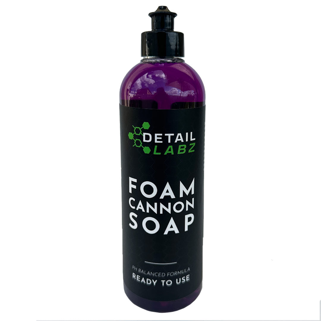 Detail Labz Foam Cannon Soap is a highly concentrated foam cannon soap that is specifically formulated to lay a thick layer of foam that will break down dirt and lubricate the surface to remove dirt and debris without leaving swirls or scratches caused by friction. When using a two step wash system, Foam Cannon Soap is ideal for ceramic maintenanve washes and will also rinse off spot-free to leave behind a superior UV resistant finish with a rich, long lasting shine.