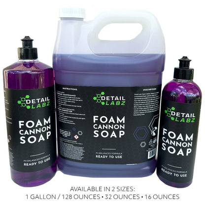 Detail Labz Foam Cannon Soap is a highly concentrated foam cannon soap that is specifically formulated to lay a thick layer of foam that will break down dirt and lubricate the surface to remove dirt and debris without leaving swirls or scratches caused by friction. When using a two step wash system, Foam Cannon Soap is ideal for ceramic maintenanve washes and will also rinse off spot-free to leave behind a superior UV resistant finish with a rich, long lasting shine.
