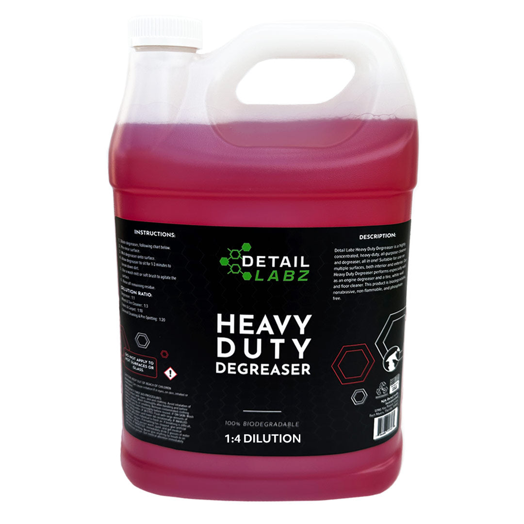 Detail Labz Heavy Duty Degreaser is a highly concentrated, heavy-duty, all-purpose cleaner and degreaser, all in one. Suitable for use on multiple surfaces, both interior and interior. Performs especially well as an engine degreaser and a tire, white wall, and floor cleaner. This product is biodegradable, nonabrasive, non-flammable, and phosphate free.