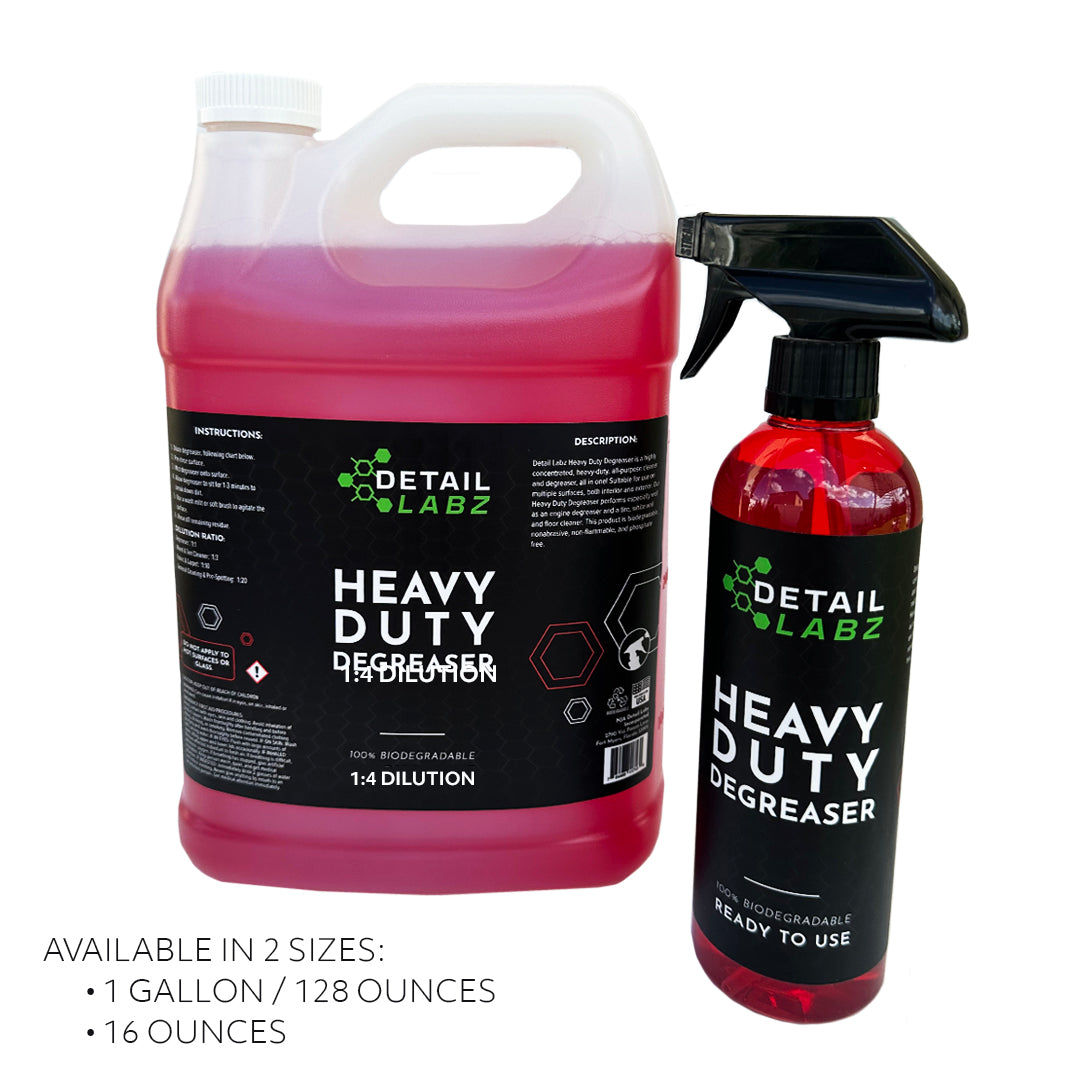 Detail Labz Heavy Duty Degreaser is a highly concentrated, heavy-duty, all-purpose cleaner and degreaser, all in one. Suitable for use on multiple surfaces, both interior and interior. Performs especially well as an engine degreaser and a tire, white wall, and floor cleaner. This product is biodegradable, nonabrasive, non-flammable, and phosphate free.