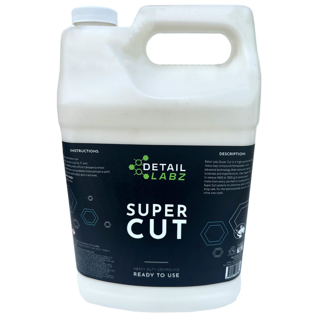 Detail Labz Super Cut is a high performance heavy duty compound formulated with advanced technology that removes deep scratches while imparting a high gloss finish. Use to remove 1000 to 1500 grit sand paper marks from newly painted or cured paints.  Ready-To-Use Formula, No Diluting Necessary Super Cut contains no silicones. Body shop safe. Order by 12pm EST for Same Day Shipping Returns & exchanges on NEW & UNUSED items within 30 days.