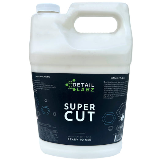 Detail Labz Super Cut is a high performance heavy duty compound formulated with advanced technology that removes deep scratches while imparting a high gloss finish. Use to remove 1000 to 1500 grit sand paper marks from newly painted or cured paints.  Ready-To-Use Formula, No Diluting Necessary Super Cut contains no silicones. Body shop safe. Order by 12pm EST for Same Day Shipping Returns & exchanges on NEW & UNUSED items within 30 days.