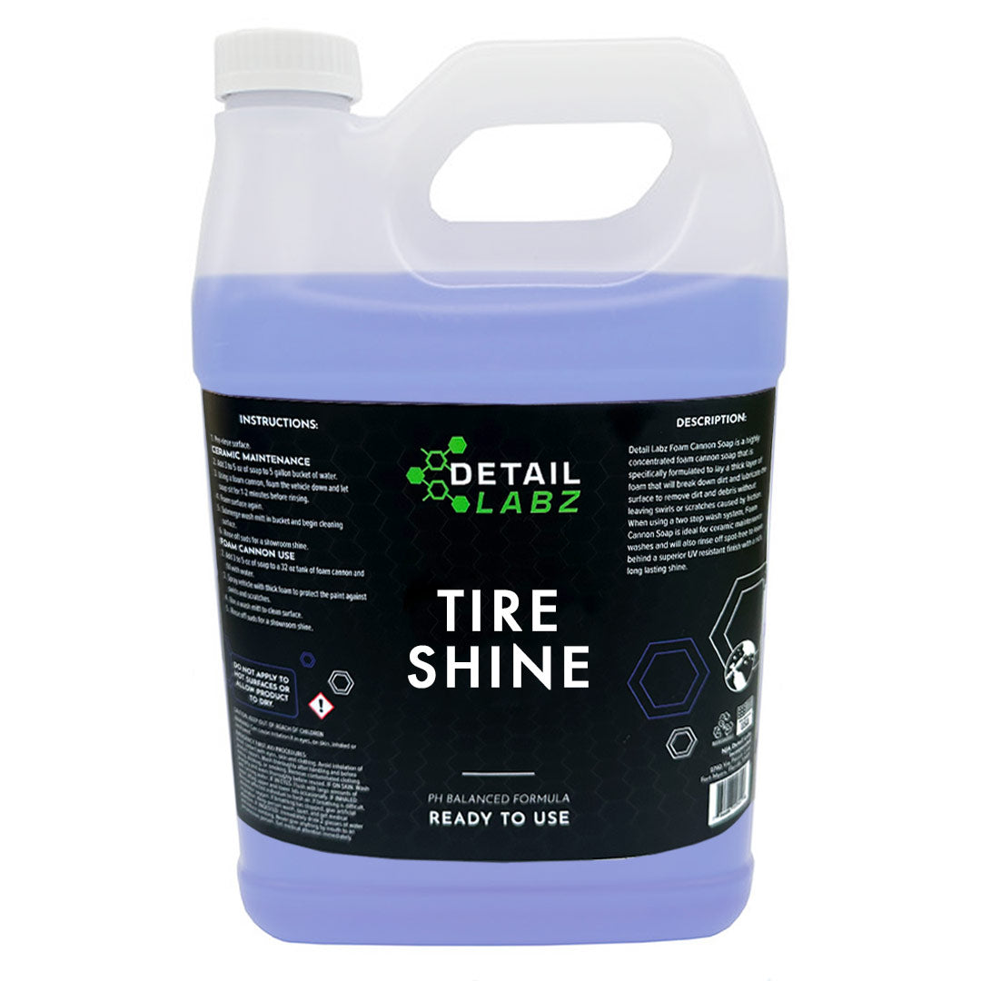 Detail Labz is a silicone solvent-based dressing that is specifically formulated to leave a superior UV and weather resistant finish with a rich, long lasting shine. Perfect for exteriors, making it ideal for restoring tires, moldings, bumpers, vinyl trim & tops, and plastic surfaces. Apply with sprayer, let soak and wipe down.  Use on tires, moldings, bumpers, vinyl trim, vinyl tops, & more Apply with sprayer; let soak & wipe down