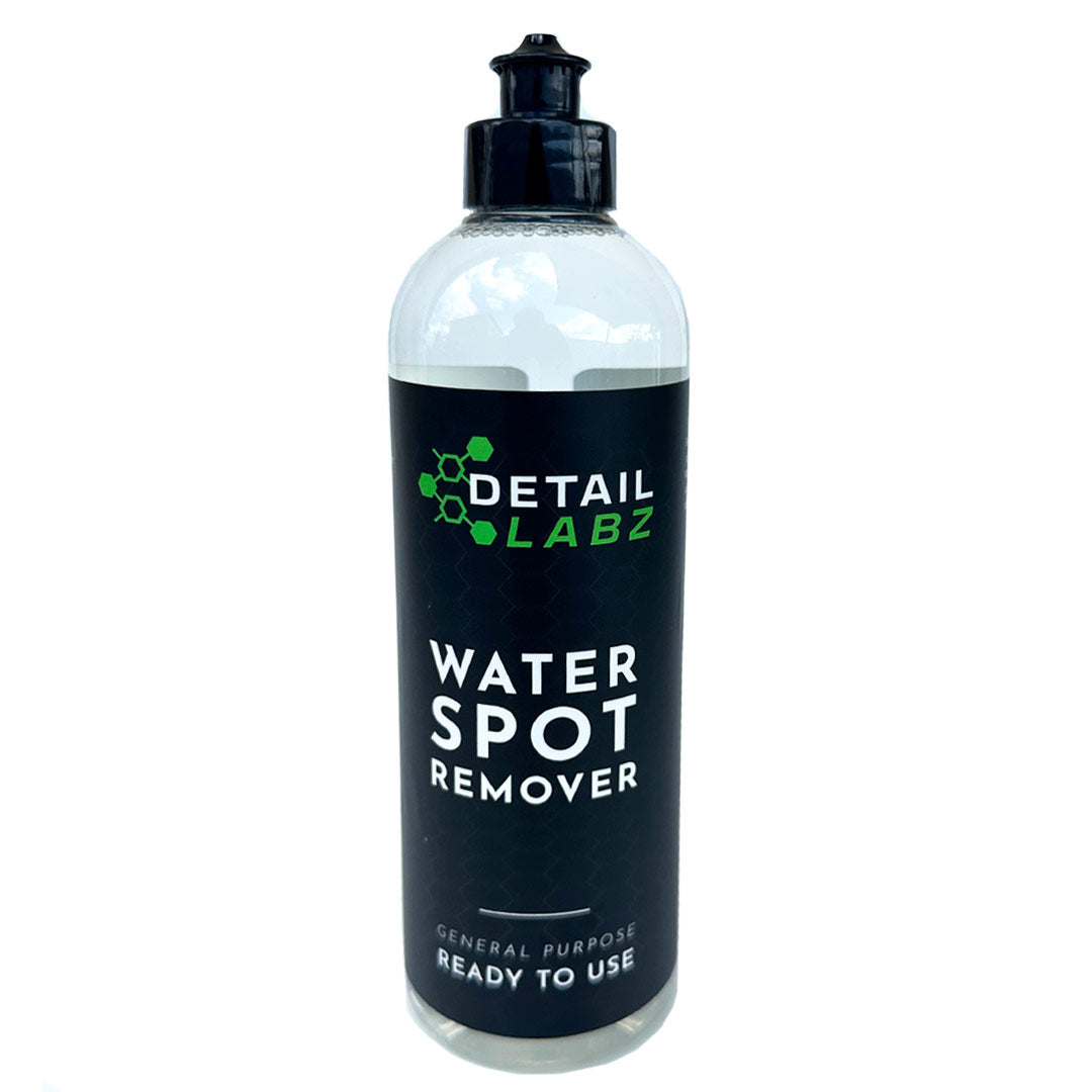 Detail Labz Water Spot Remover restores your windows and paint by removing water spots quickly and effortlessly with Water Spot Remover specifically formulated to act quickly while breaking down tough mineral stains left over from hard water.